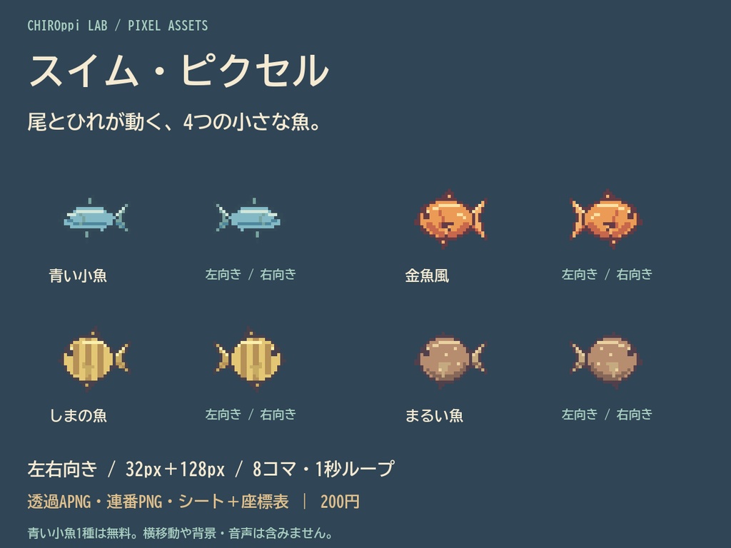 泳ぐドット絵の魚4種|左右向きAPNG・連番PNG【無料1種/スイム・ピクセル】
