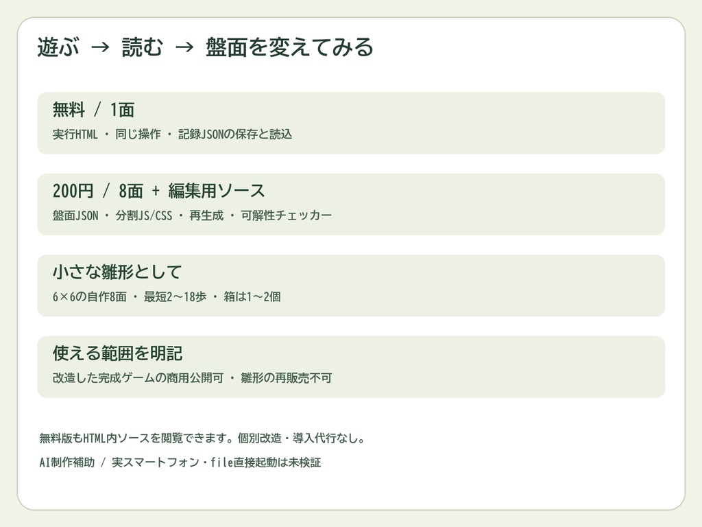 箱押しパズルのHTML/JS雛形|自作8面・Undo・記録JSON【無料1面/箱押しの庭】
