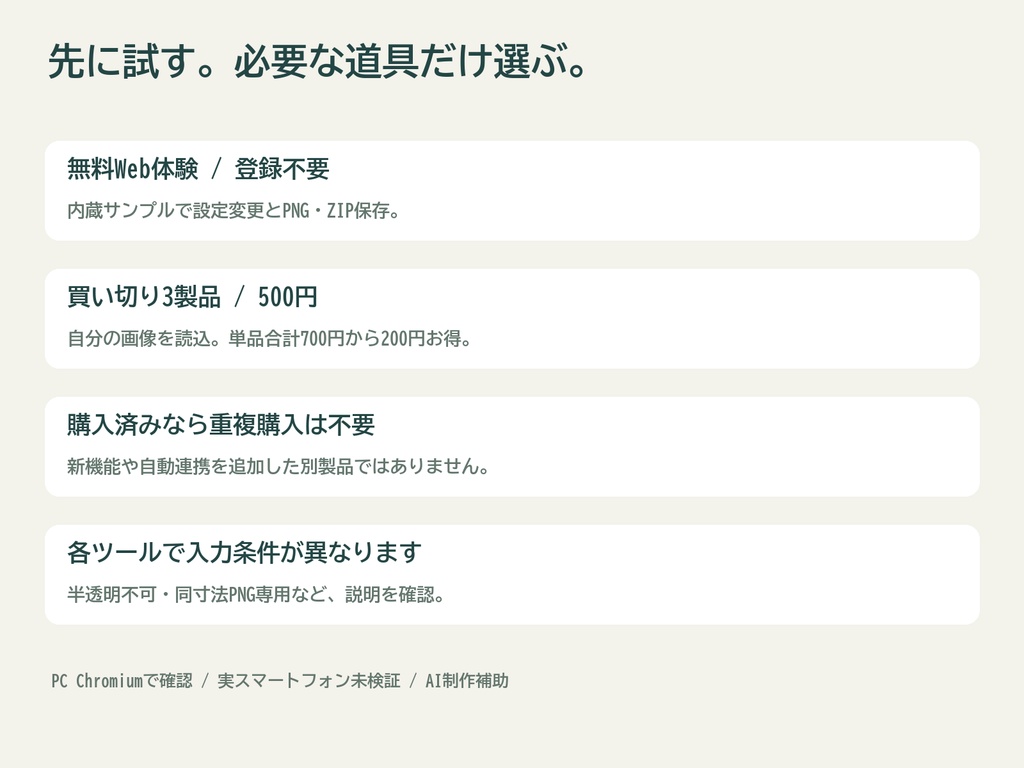 画像づくり3ツールセット|縁取り・2色変換・連番PNGの余白カット【無料Web体験】