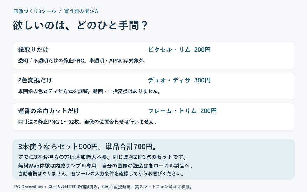 画像づくり3ツールセット|縁取り・2色変換・連番PNGの余白カット【無料Web体験】