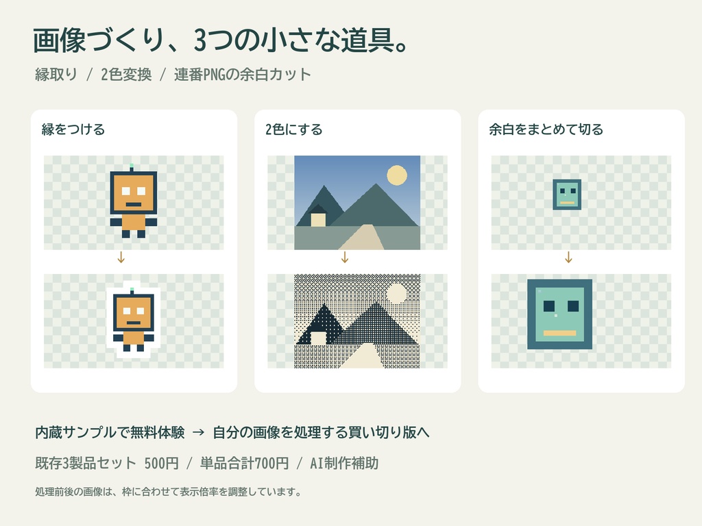 画像づくり3ツールセット|縁取り・2色変換・連番PNGの余白カット【無料Web体験】