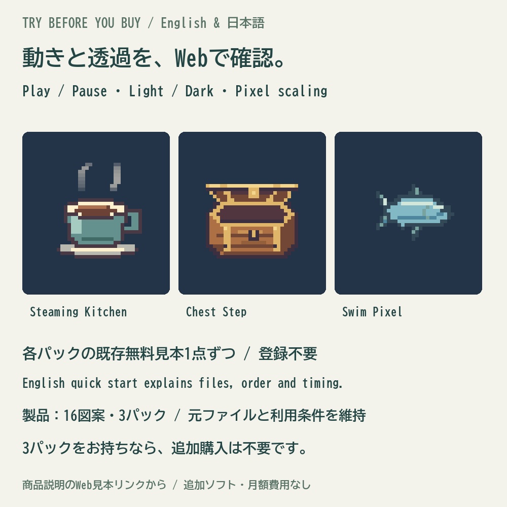 動くドット絵3パックセット|料理・宝箱・魚16図案【PNG/APNG・English guide】