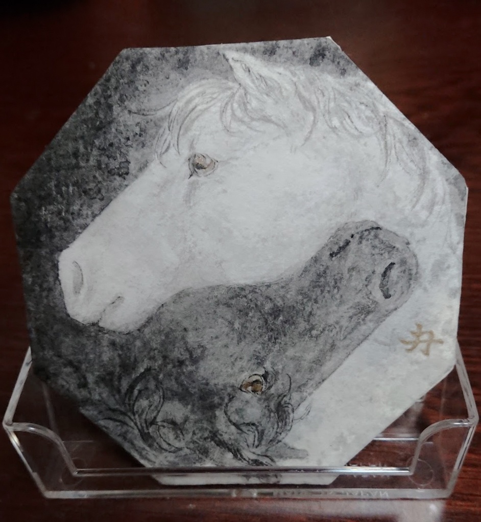 Black and white horse coaster style painting 白黒 馬 コースター型絵画