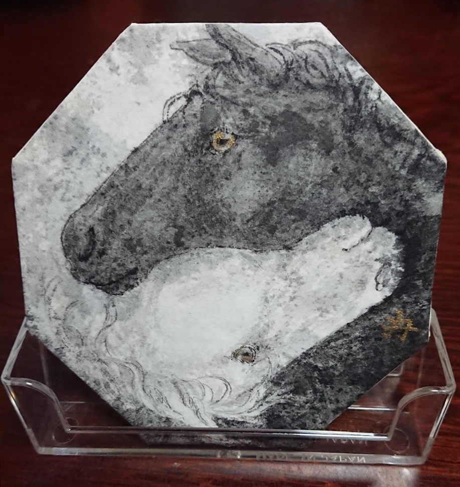 Black and white horse coaster style painting 白黒　馬　コースター型絵画　