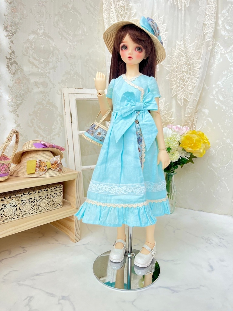 インド刺繍リボンのカシュクールワンピース(ラムネブルー)