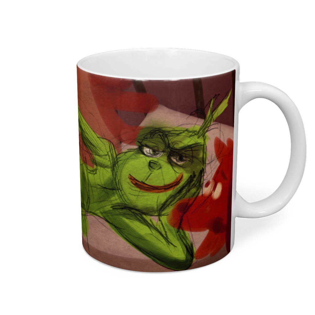 ベットで下辺のペットの動物達と寝るグリンチのマグカップ