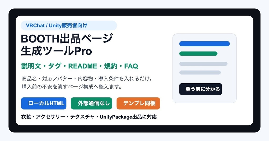 VRChat/Unity販売者向け BOOTH出品ページ生成ツールPro - 説明文・タグ・README・規約・FAQを一括作成