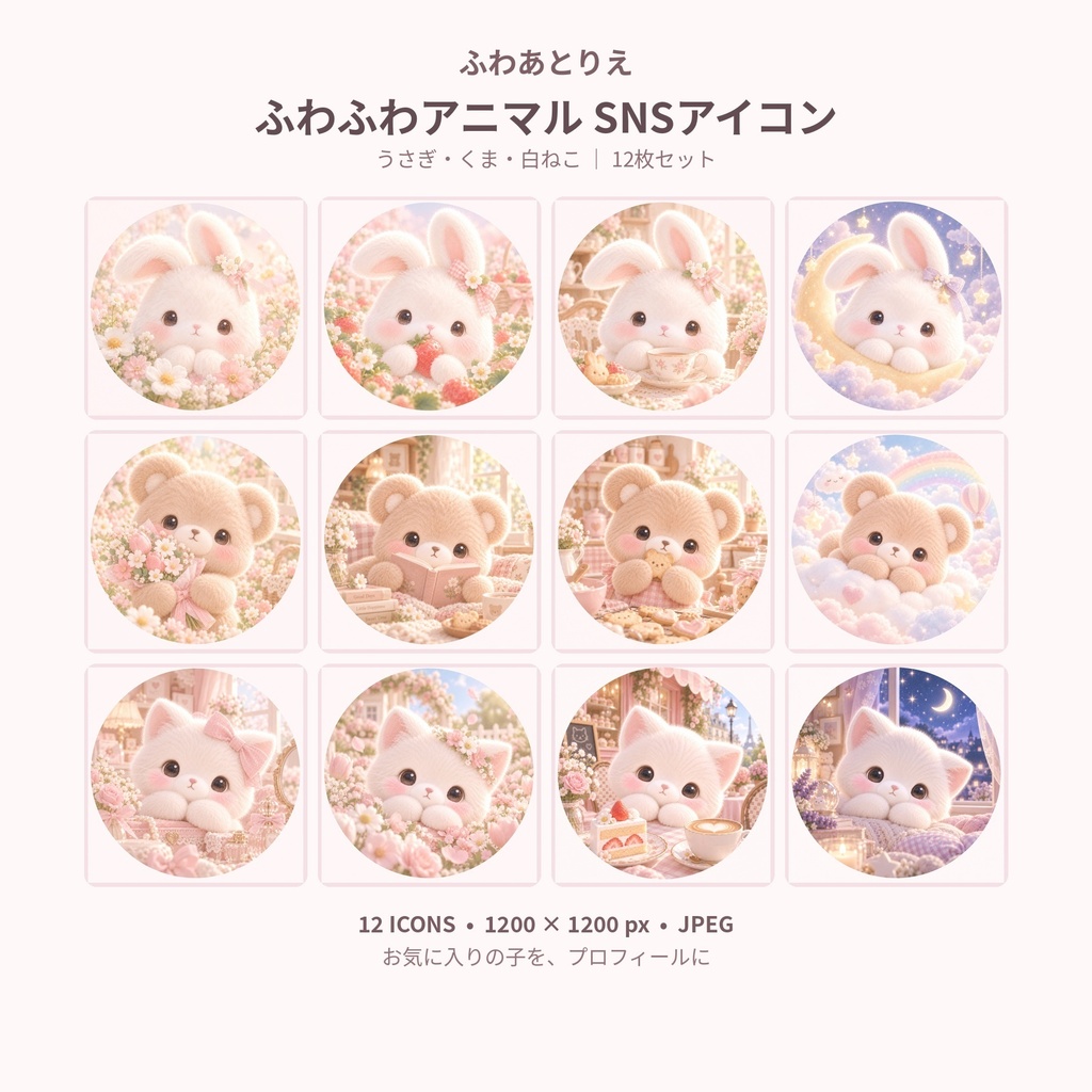 ふわふわアニマル SNSアイコン 12枚セット｜うさぎ・くま・白ねこのパステルアイコン