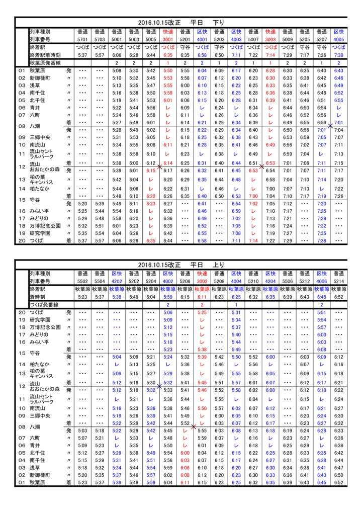 つくばエクスプレス追い抜き時刻表2016年10月15日改正版 JB特快 BOOTH つくばエクスプレス追い抜き時刻表2016年10月15日改正版 JB特快 BOOTH