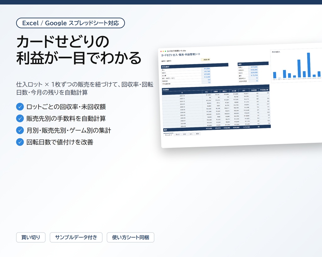 カードせどり 仕入・販売・利益管理シート｜ロット回収率・回転日数・手数料を自動計算【Excel/スプレッドシート】