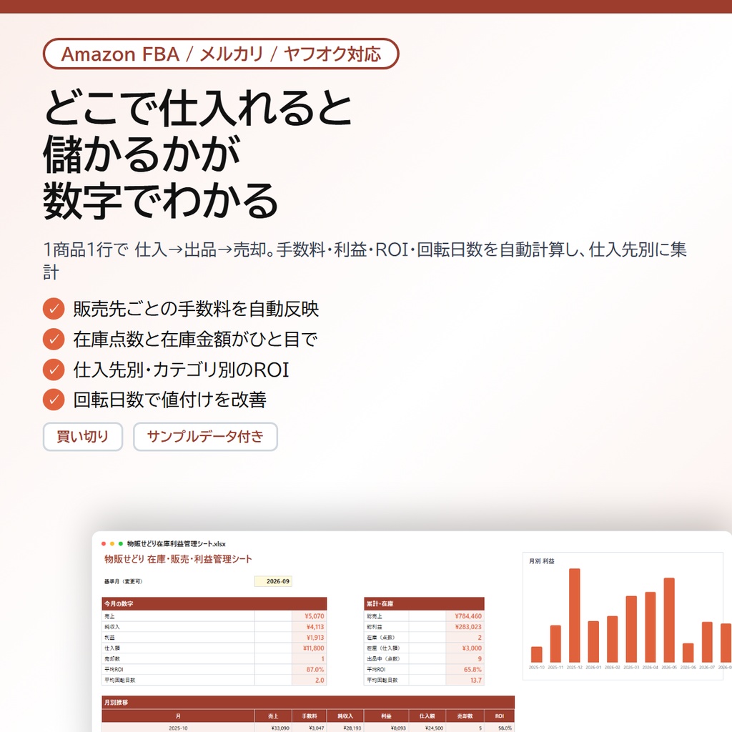 物販せどり 在庫・販売・利益管理シート|Amazon FBA・メルカリ・ヤフオク対応、ROI・回転日数・仕入先別の利益を自動集計【Excel/スプレッドシート】
