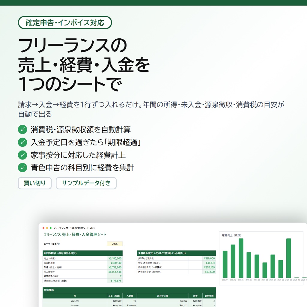 フリーランス 売上・経費・入金管理シート|消費税・源泉徴収・未入金を自動計算、確定申告の科目別集計【Excel/スプレッドシート】