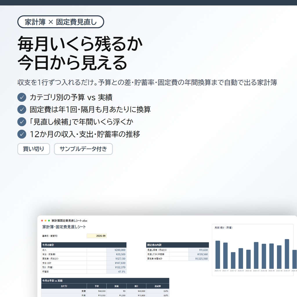 家計簿・固定費見直しシート|予算vs実績・貯蓄率・サブスクの年間換算が自動、月別12か月の推移つき【Excel/スプレッドシート】