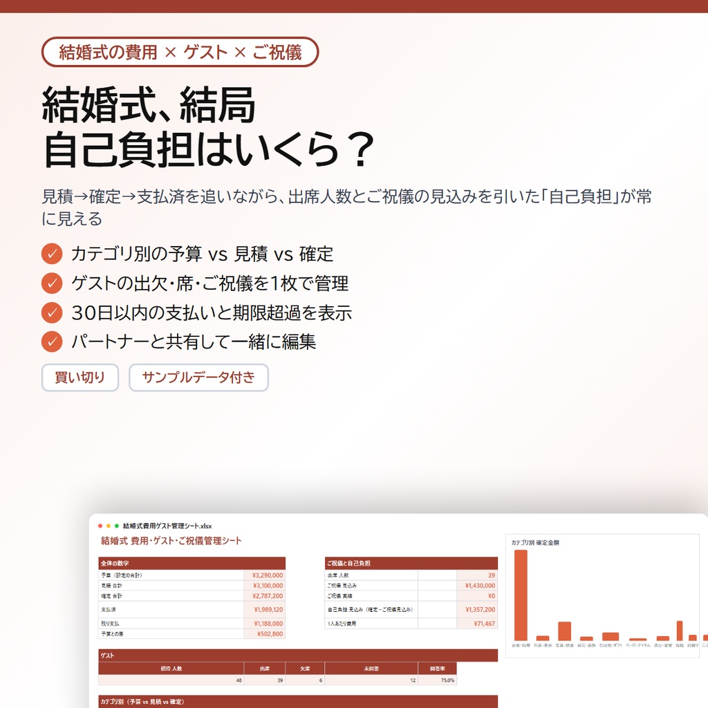 結婚式 費用・ゲスト・ご祝儀管理シート|見積→確定→支払済、出席人数とご祝儀を引いた自己負担が自動計算【Excel/スプレッドシート・共有可】