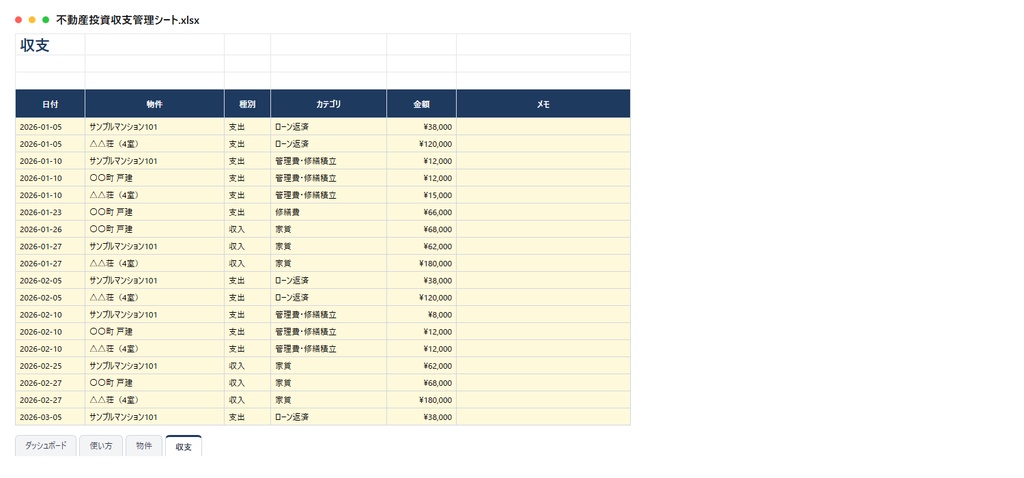 不動産投資 収支管理シート|物件別の NOI・キャッシュフロー・表面/実質利回り、月別推移と支出内訳を自動集計、確定申告の集計にも【Excel/スプレッドシート】