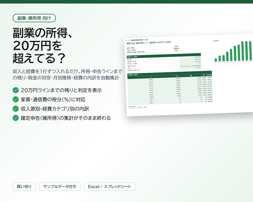 副業 収支・確定申告シート｜収入と経費を入れるだけで所得・20万円ラインまでの残り・税金の目安・経費内訳を自動集計（雑所得向け）【Excel/スプレッドシート】