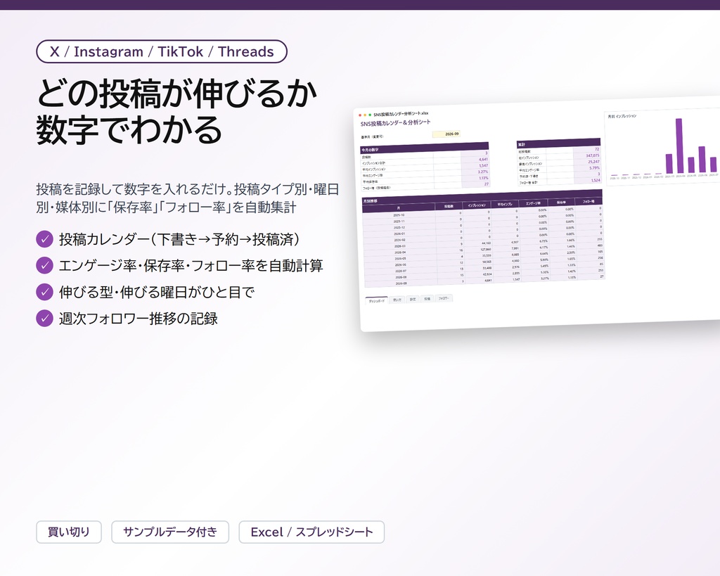クリエイター 3点セット(収益・案件+SNS分析+副業収支)|クリエイター 収益・案件管理シート + SNS投稿カレンダー&分析シート + 副業 収支・確定申告シート【Excel/スプレッドシート】