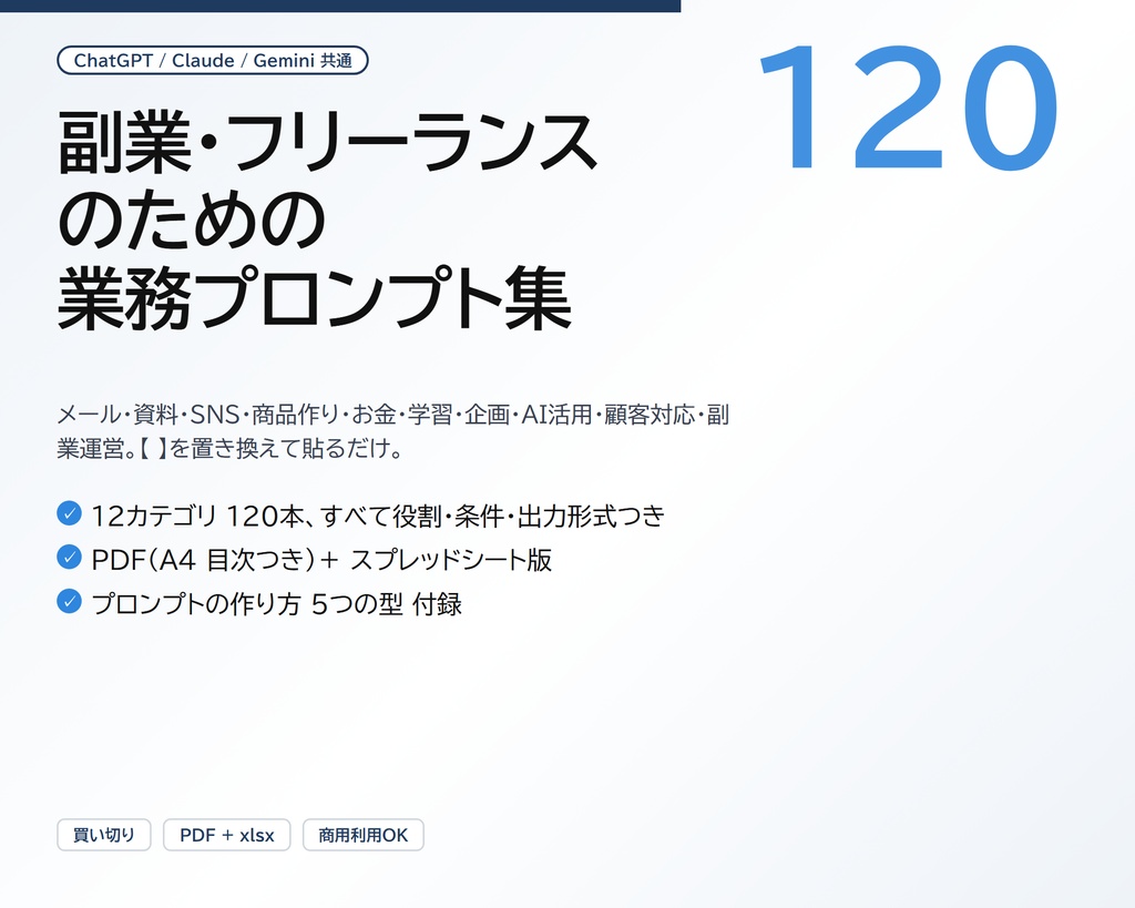 副業・フリーランスのための 業務プロンプト集 120|メール・資料・SNS・商品作り・確定申告・AI活用まで、【 】を置き換えて貼るだけ(PDF+スプレッドシート版)