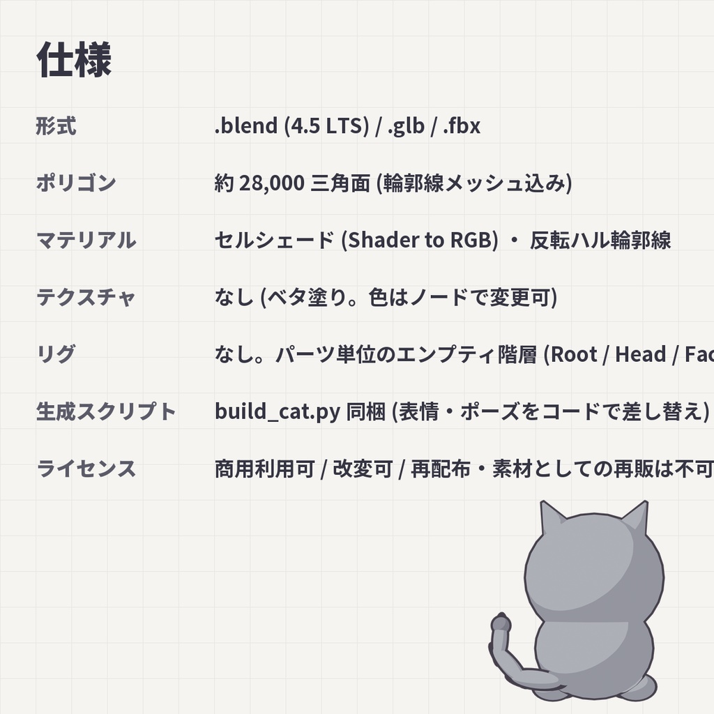 丸ねこ ぐれ|ローポリ トゥーン猫 3Dモデル (.blend / .glb / .fbx) 商用利用OK