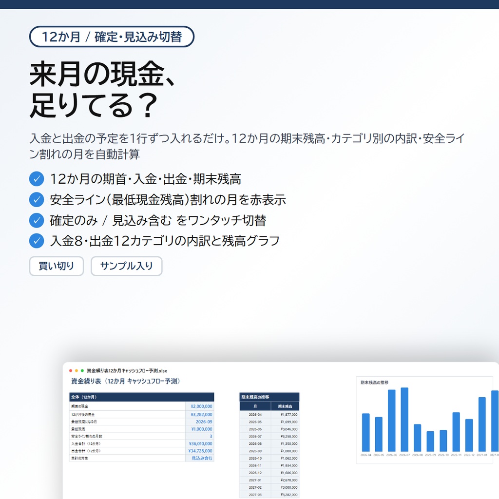 資金繰り表|入出金の予定を入れるだけで12か月のキャッシュフロー予測・安全ライン割れの月・カテゴリ別内訳を自動計算(確定/見込み切替)【Excel/スプレッドシート】