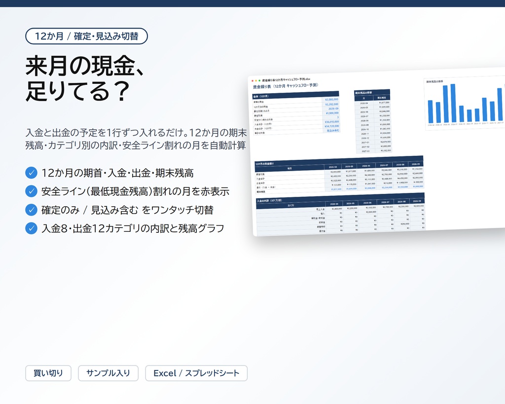 資金繰り表｜入出金の予定を入れるだけで12か月のキャッシュフロー予測・安全ライン割れの月・カテゴリ別内訳を自動計算（確定/見込み切替）【Excel/スプレッドシート】