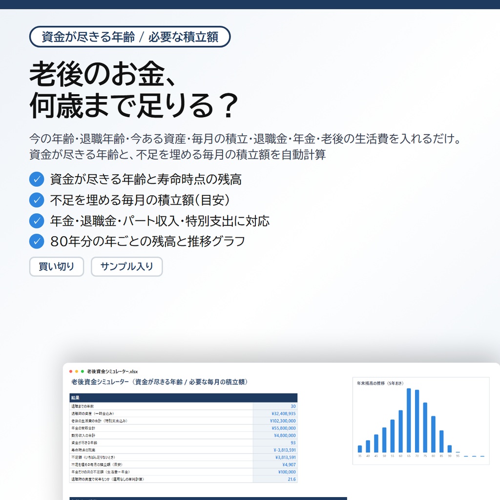 老後資金シミュレーター|資金が尽きる年齢と、不足を埋める毎月の積立額を自動計算。年金・退職金・パート収入に対応【Excel/スプレッドシート】