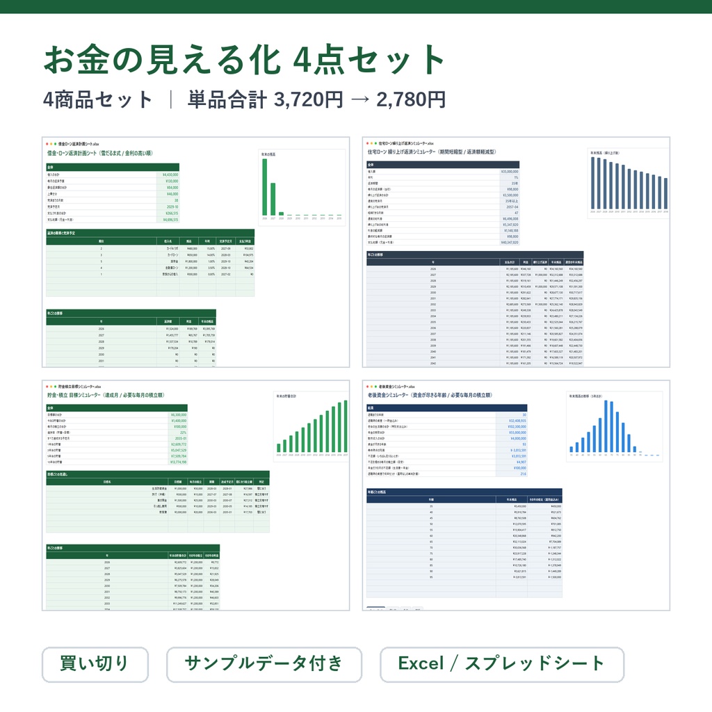 お金の見える化 4点セット(返済計画+住宅ローン+貯金目標+老後資金)|借金・ローン返済計画シート + 住宅ローン 繰り上げ返済シミュレーター + 貯金・積立 目標シミュレーターほか【Excel/スプレッドシート】