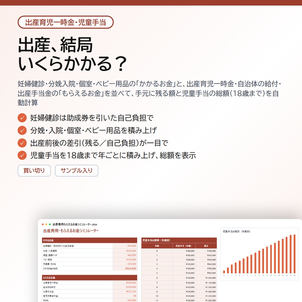 出産費用・もらえるお金シミュレーター|妊婦健診・分娩入院・個室・ベビー用品の費用と、出産育児一時金・自治体の給付・出産手当金を並べて手元に残る額を計算、児童手当の18歳までの総額つき【Excel/スプレッドシート】