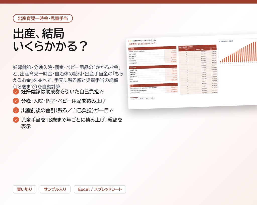 出産費用・もらえるお金シミュレーター|妊婦健診・分娩入院・個室・ベビー用品の費用と、出産育児一時金・自治体の給付・出産手当金を並べて手元に残る額を計算、児童手当の18歳までの総額つき【Excel/スプレッドシート】