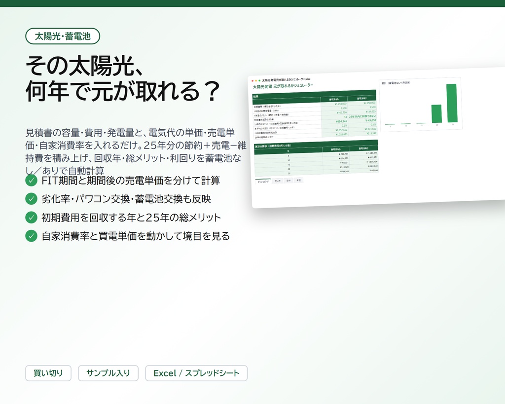 住まいのお金 3点セット(賃貸vs購入+住宅ローン繰り上げ+太陽光)|賃貸 vs 購入 総コスト比較シミュレーター + 住宅ローン 繰り上げ返済シミュレーター + 太陽光発電 元が取れるかシミュレーター【Excel/スプレッドシート】