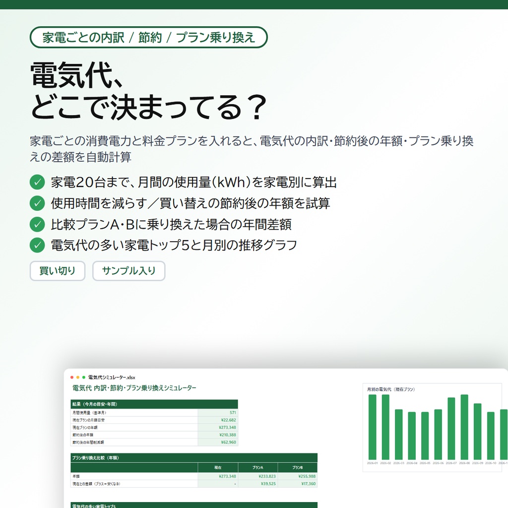 電気代シミュレーター|家電ごとの内訳・節約・料金プラン乗り換えの年間差額を自動計算【Excel/スプレッドシート】