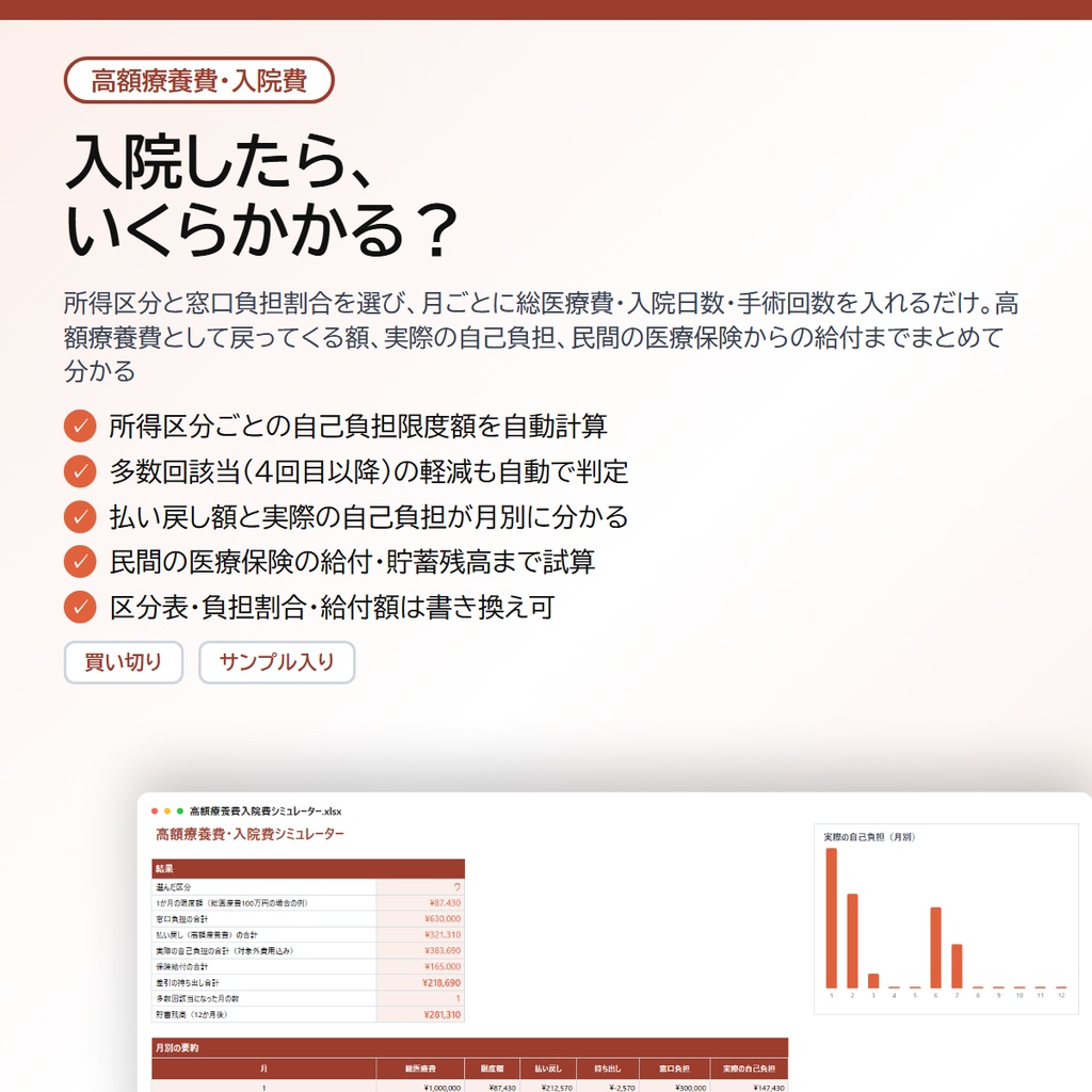 高額療養費・入院費シミュレーター|所得区分と窓口負担割合を選ぶだけで、自己負担限度額・払い戻し額・実際の自己負担を月別に自動計算、多数回該当・民間の医療保険給付・貯蓄残高まで【Excel/スプレッドシート】