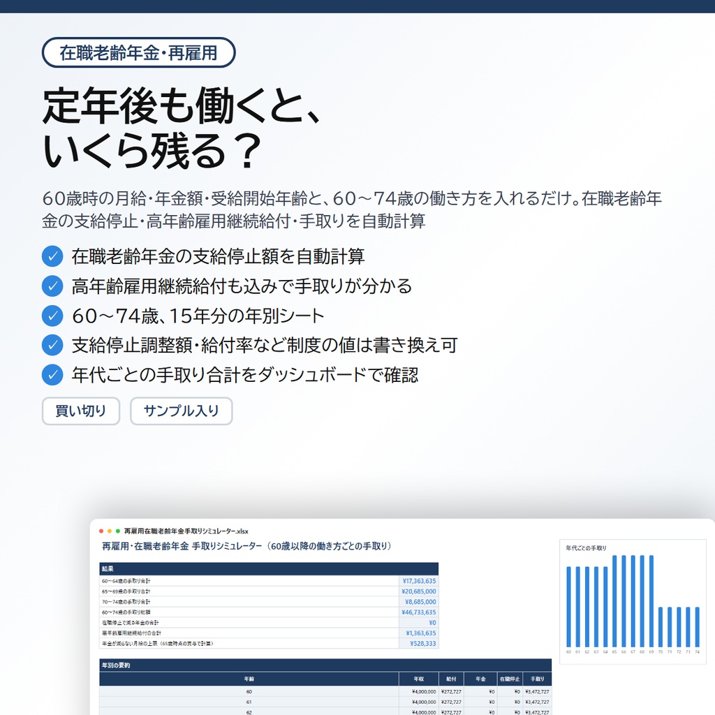 在職老齢年金・再雇用 手取りシミュレーター|60歳以降の働き方ごとに在職老齢年金の支給停止・高年齢雇用継続給付・手取りを自動計算【Excel/スプレッドシート】