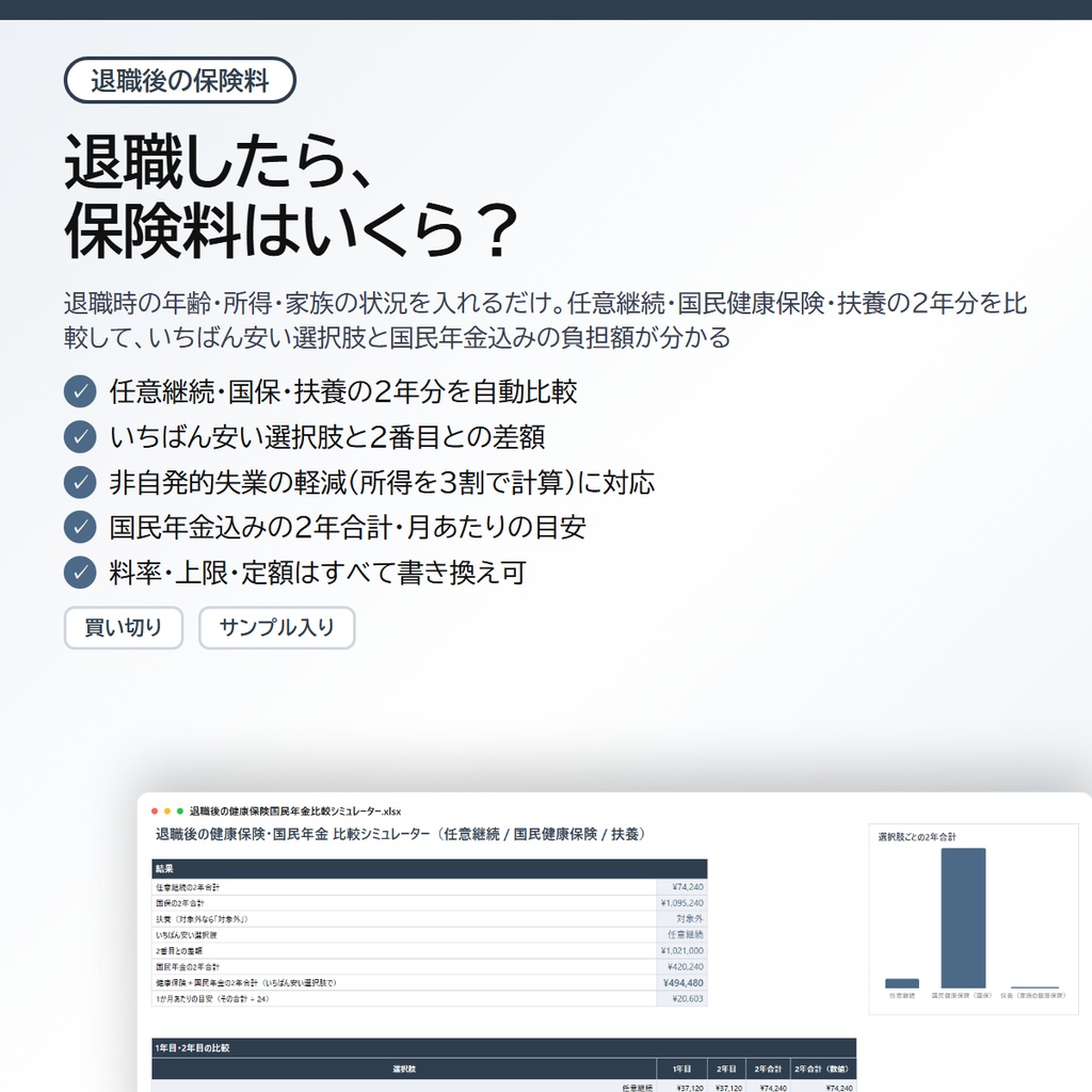 退職後の健康保険・国民年金 比較シミュレーター|任意継続・国民健康保険・扶養を比較、非自発的失業の軽減にも対応【Excel/スプレッドシート】