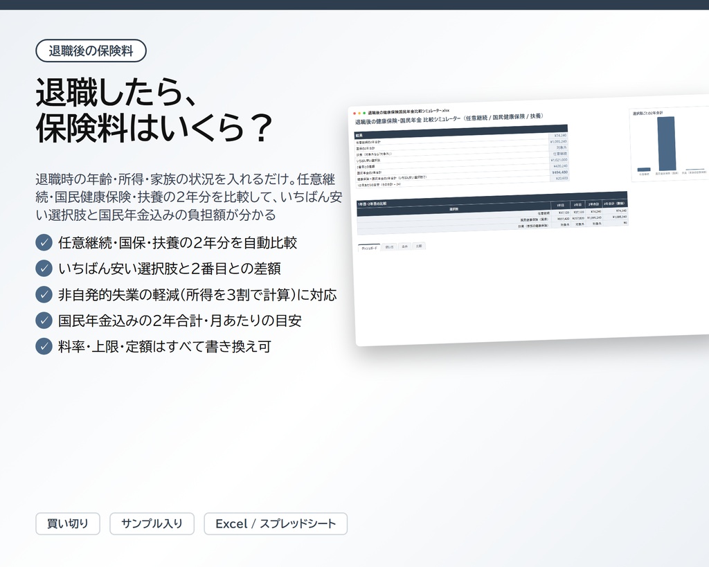 退職後の健康保険・国民年金 比較シミュレーター|任意継続・国民健康保険・扶養を比較、非自発的失業の軽減にも対応【Excel/スプレッドシート】