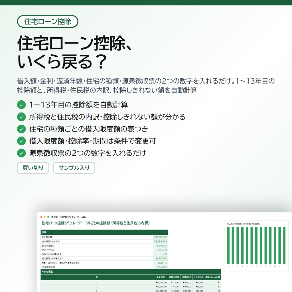住宅ローン控除シミュレーター|住宅ローン減税13年間の控除額を自動計算、所得税・住民税の内訳と控除しきれない額まで分かる【Excel/スプレッドシート】