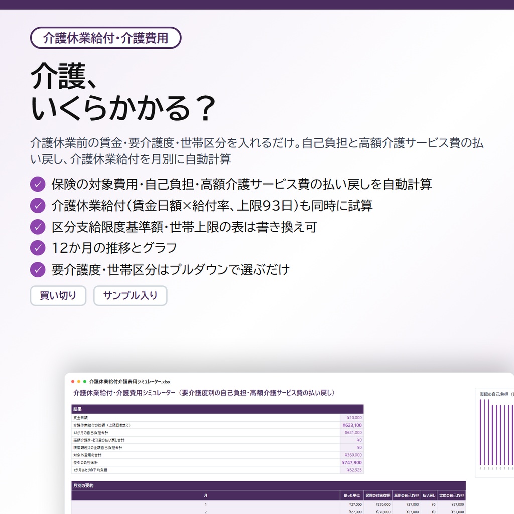 介護休業給付・介護費用シミュレーター|要介護度別の自己負担・高額介護サービス費の払い戻しを自動計算、介護休業給付も試算できる目安【Excel/スプレッドシート】