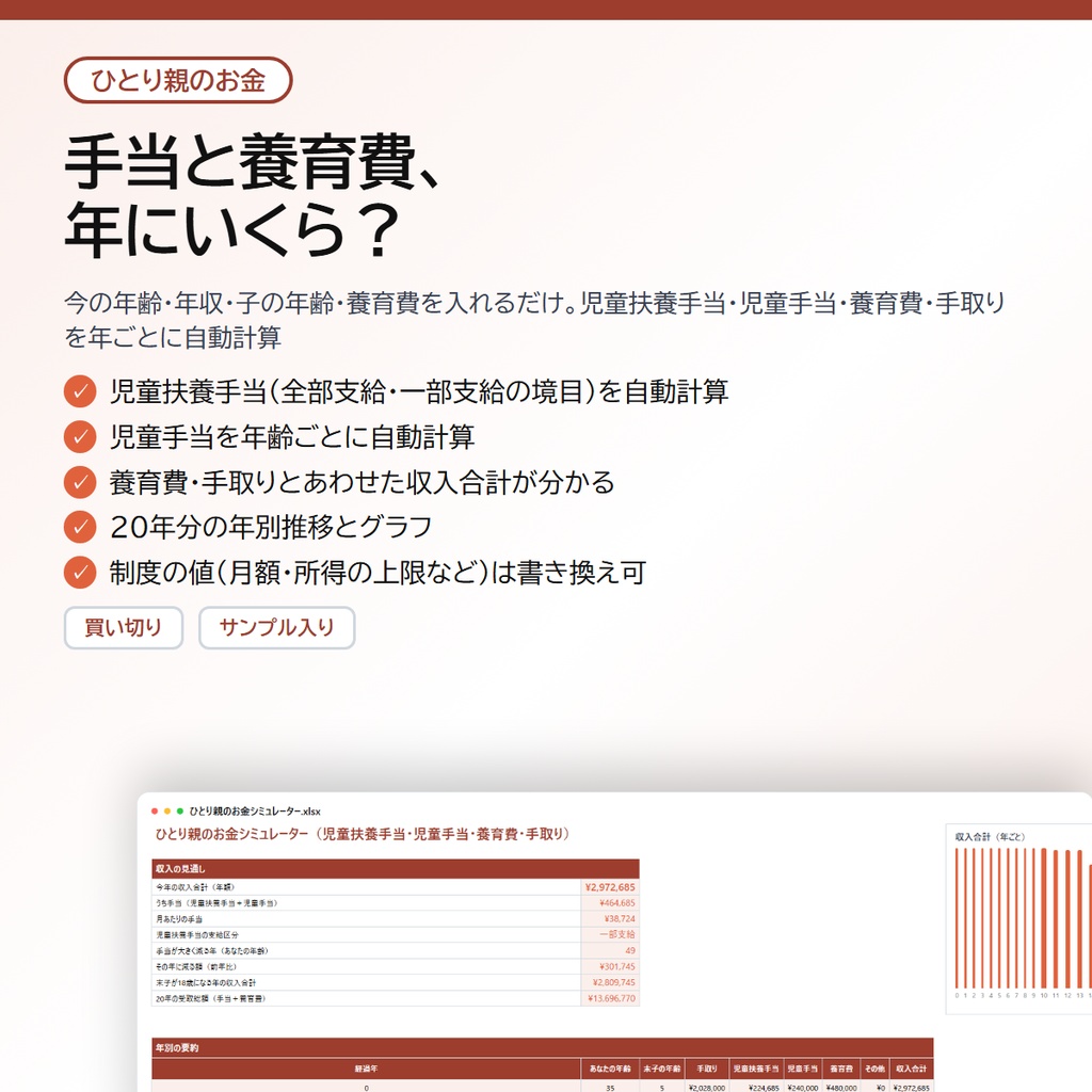 ひとり親のお金シミュレーター|児童扶養手当・児童手当・養育費を年ごとに自動計算、シングルマザー・シングルファーザーの収入の見通しが分かる目安【Excel/スプレッドシート】