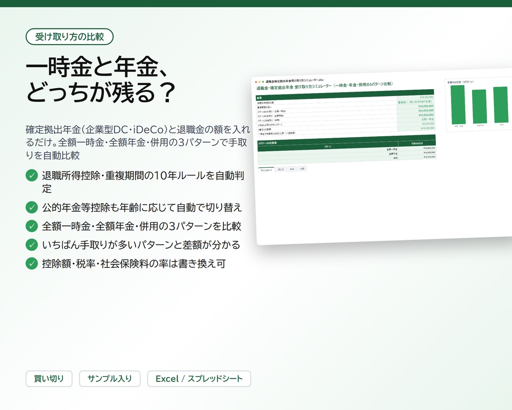 退職金・確定拠出年金 受け取り方シミュレーター|iDeCo・企業型DCの一時金/年金/併用を比較、退職所得控除の10年ルールも自動計算【Excel/スプレッドシート】