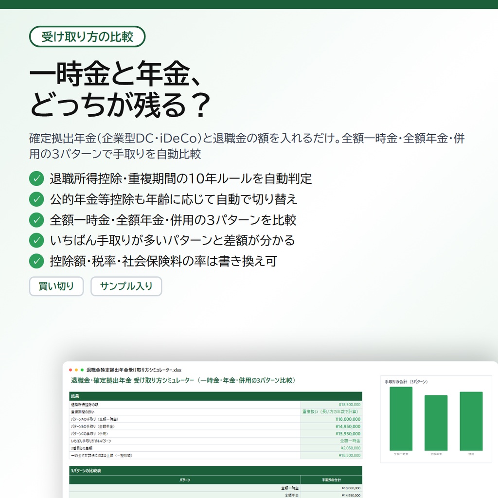 退職金・確定拠出年金 受け取り方シミュレーター|iDeCo・企業型DCの一時金/年金/併用を比較、退職所得控除の10年ルールも自動計算【Excel/スプレッドシート】