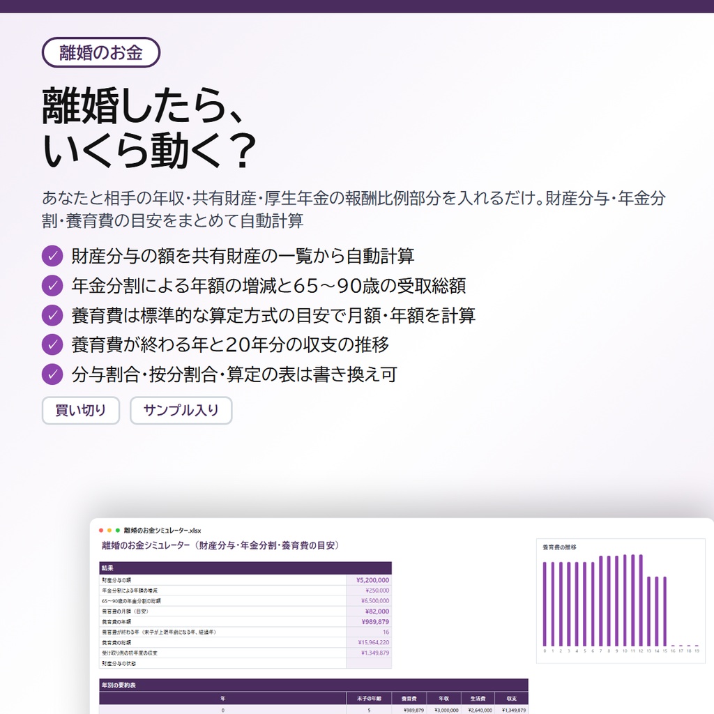 離婚のお金シミュレーター|財産分与・年金分割・養育費の目安をまとめて自動計算【Excel/スプレッドシート】