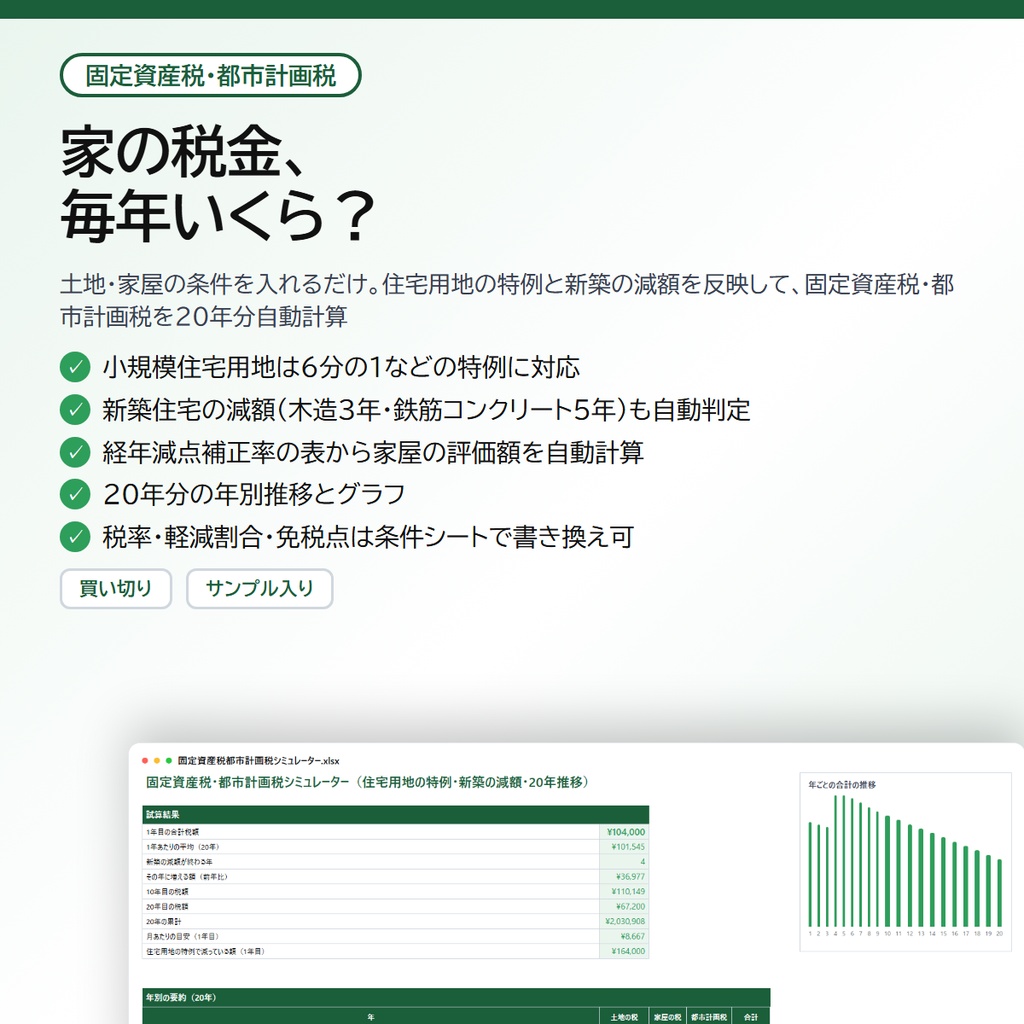 固定資産税・都市計画税シミュレーター|住宅用地の特例・新築の減額を反映して20年分自動計算、小規模住宅用地は6分の1の軽減にも対応【Excel/スプレッドシート】