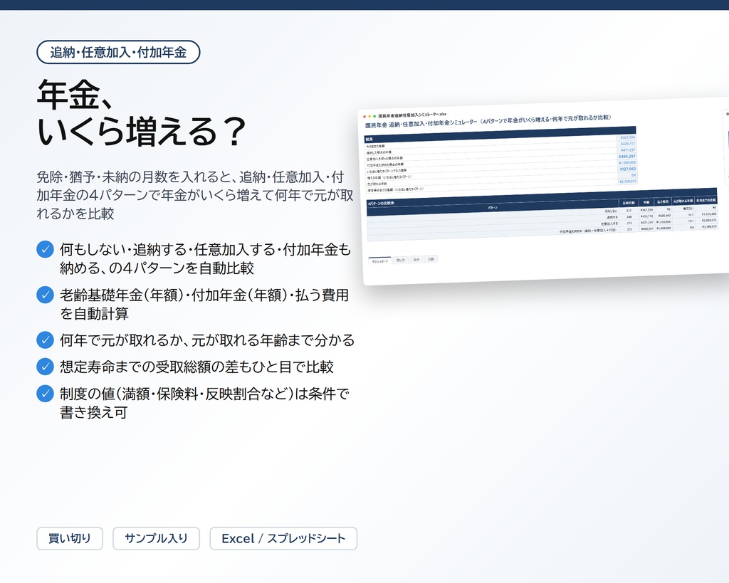 国民年金 追納・任意加入・付加年金シミュレーター|免除・猶予・未納の月数から4パターンで年金がいくら増える、何年で元が取れるかが分かる目安【Excel/スプレッドシート】