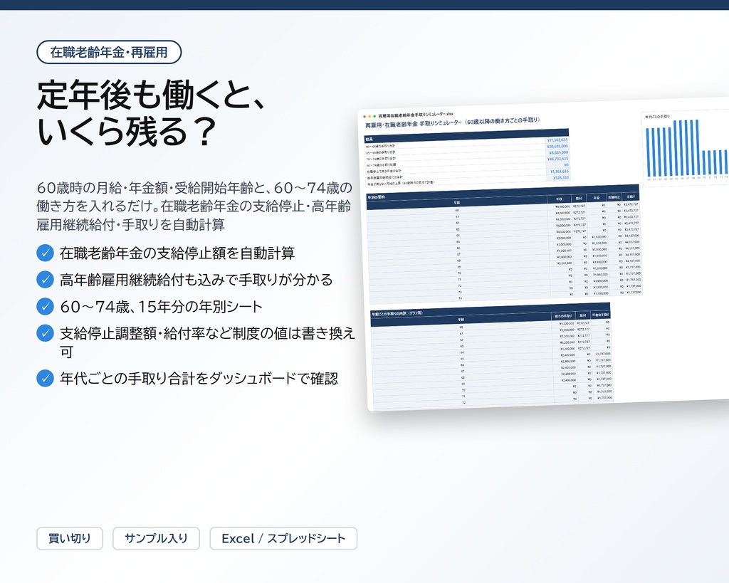 年金の制度 4点セット(在職老齢年金+遺族年金+障害年金+国民年金の追納)|在職老齢年金・再雇用 手取りシミュレーター + 遺族年金シミュレーター + 障害年金シミュレーターほか【Excel/スプレッドシート】