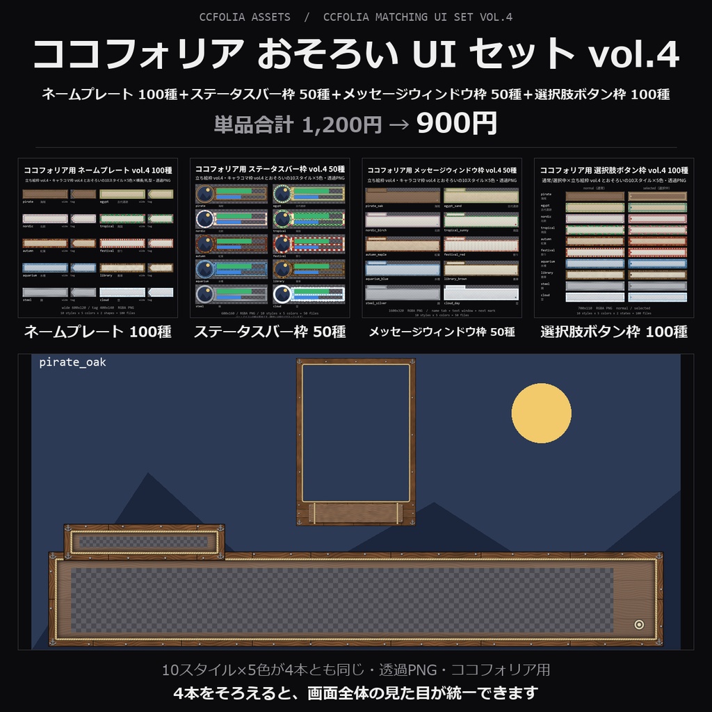 【TRPG素材 ココフォリア おそろい UI セット vol.4】ネームプレート・ステータスバー枠ほか｜海賊・古代遺跡・北欧・南国・紅葉・祭りほか10スタイル×5色【透過PNG】