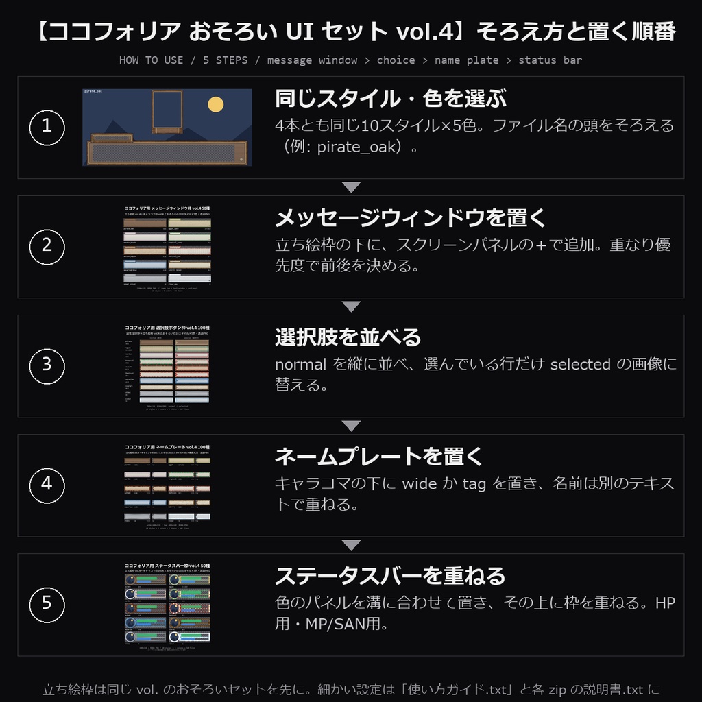 【TRPG素材 ココフォリア おそろい UI セット vol.4】ネームプレート・ステータスバー枠ほか|海賊・古代遺跡・北欧・南国・紅葉・祭りほか10スタイル×5色【透過PNG】