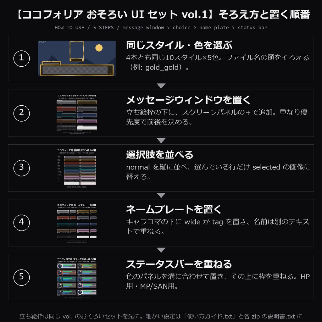 【TRPG素材 ココフォリア おそろい UI セット】ネームプレート・ステータスバー枠ほか|立ち絵枠とおそろいのシンプル・金装飾・和風・ゴシック・サイバーほか10スタイル×5色【透過PNG】