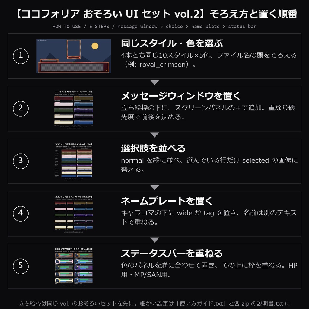 【TRPG素材 ココフォリア おそろい UI セット vol.2】ネームプレート・ステータスバー枠・メッセージウィンドウ枠ほか|王室・蒸気機関・桜・海・森・銀河ほか10スタイル×5色【透過PNG】