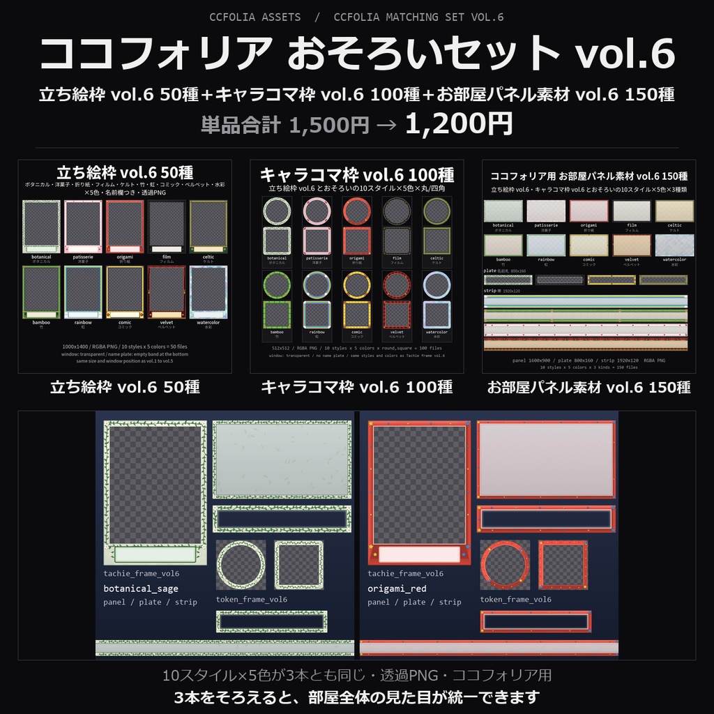 【TRPG素材 ココフォリア おそろいセット vol.6】立ち絵枠・キャラコマ枠・お部屋パネル素材の vol.6 3本｜ボタニカル・洋菓子・折り紙・フィルム・ケルトほか【透過PNG】