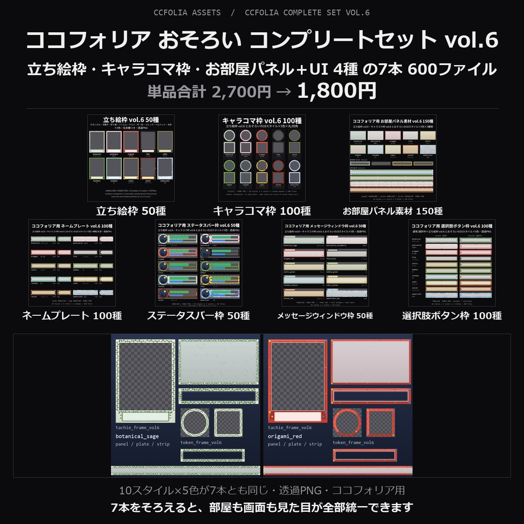 【TRPG素材 ココフォリア おそろい コンプリートセット vol.6】立ち絵枠・キャラコマ枠・お部屋パネルほか|ボタニカル・洋菓子・折り紙・フィルム・ケルト・竹ほか10スタイル×5色【透過PNG】